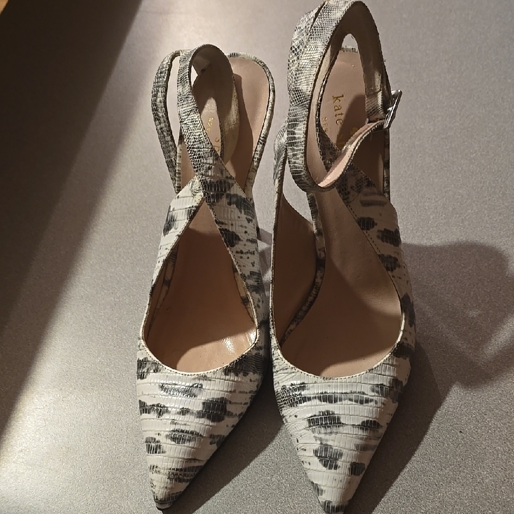 kate spade Black and White Textured Pointed-Toe Slingback Heels
